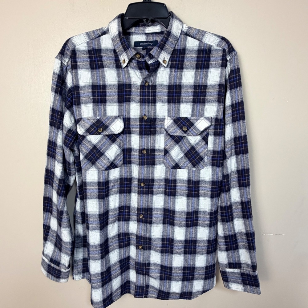 Double Pump Men Shirt Large Blue White Plaid Flannel Button Down Long Sleeve